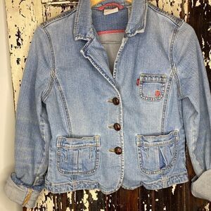 Women’s Vintage Levi’s Blazer jacket w pink stitch heart and wooden buttons. Med